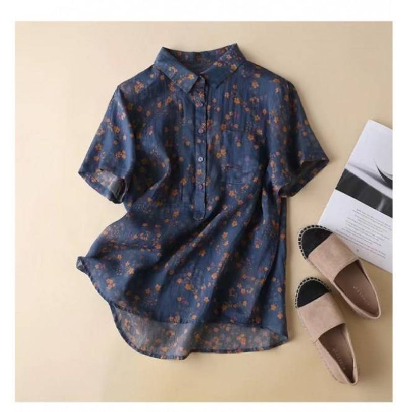 Damen-Bluse aus Baumwolle und Leinen mit kleinem Blumenmuster, kurzärmelig, Revers, Temperament, kleines Ramie-Künstleroberteil_voghion.com