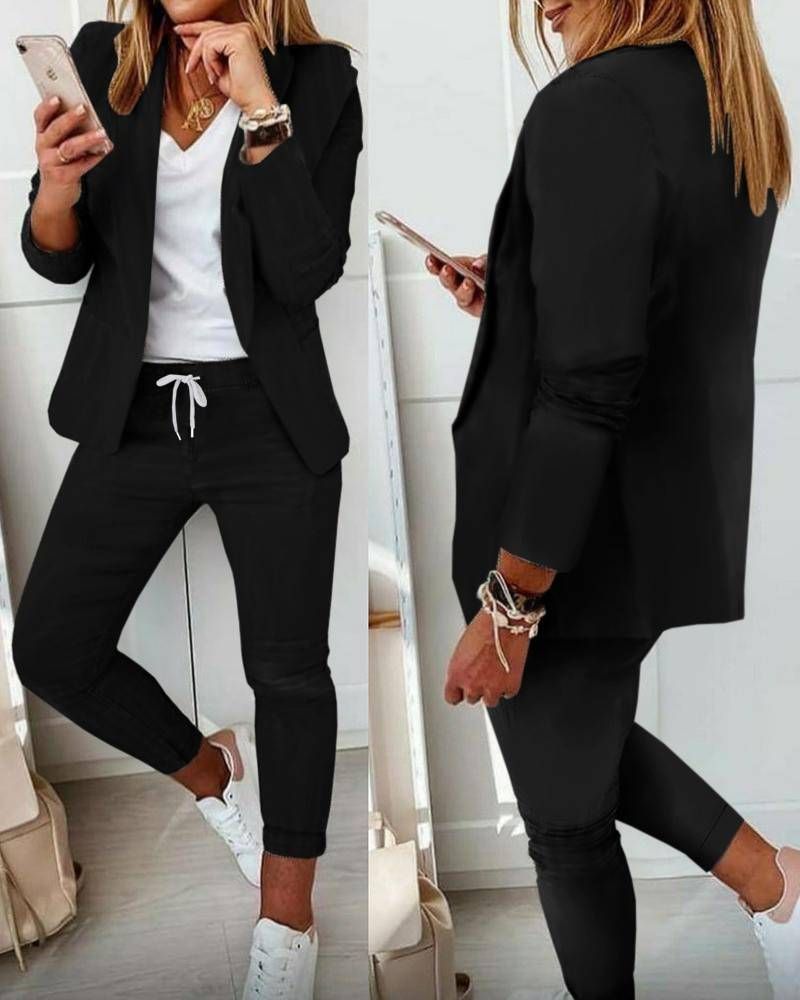 Women's Clothing Solid Color Commuting Style Suit Top + Professional Pants Suit_voghion.com