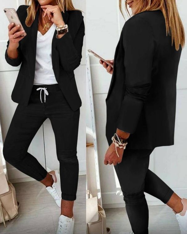 Women's Clothing Solid Color Commuting Style Suit Top + Professional Pants Suit_voghion.com
