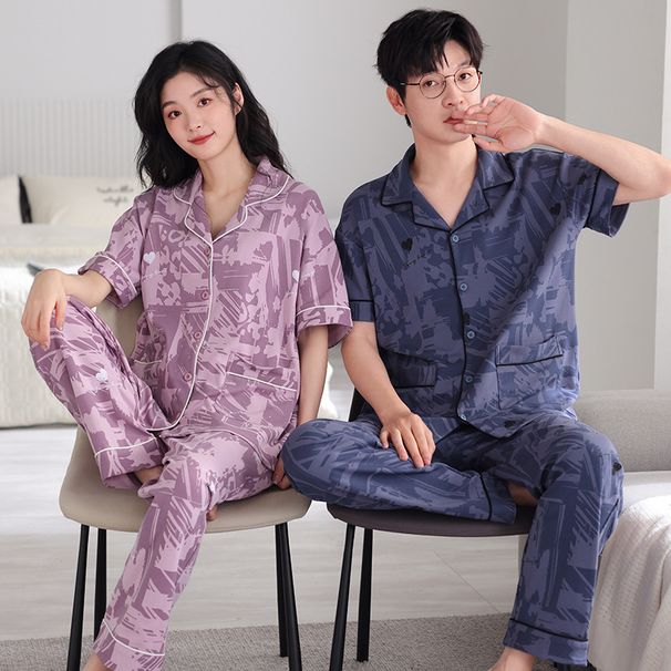 Couple's Pure Cotton Pajama Set | Basic Short Sleeved+long Pants Matching Loose Cardigan Suitable For Three Seasons, Youthful And Casual Style_voghion.com