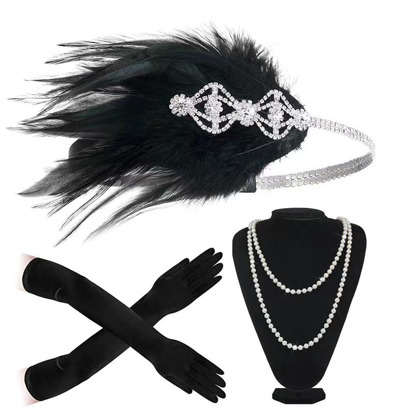 Set di fasce per capelli in piume per feste da donna, collana con copricapo in lega di diamanti e acqua, guanti combinati_voghion.com