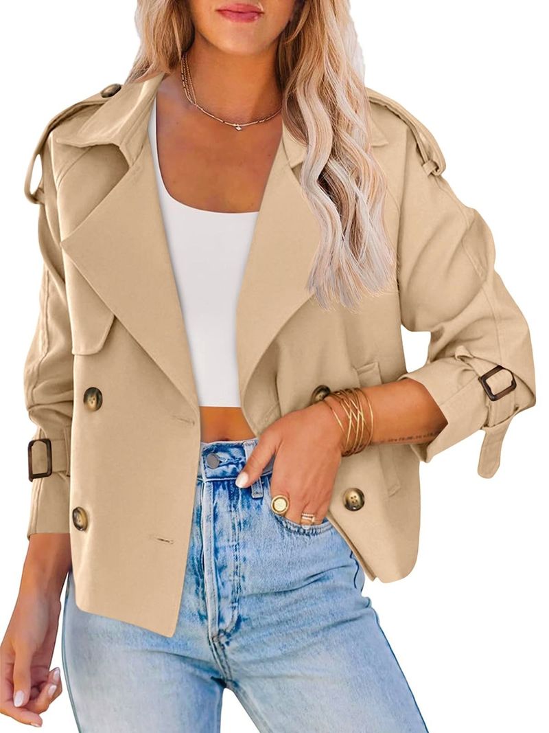 Zweireihige kurze Windjacke für Damen, modische, langärmelige, hoch taillierte Tasche, Freizeitjacke_voghion.com