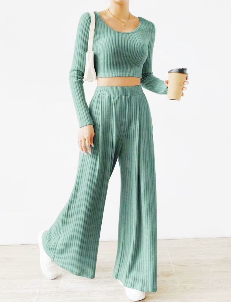 Women's Clothing Round Neck Long Sleeved Fashion Casual Suit Knitted Ribbed Wide Leg Pants Suit_voghion.com