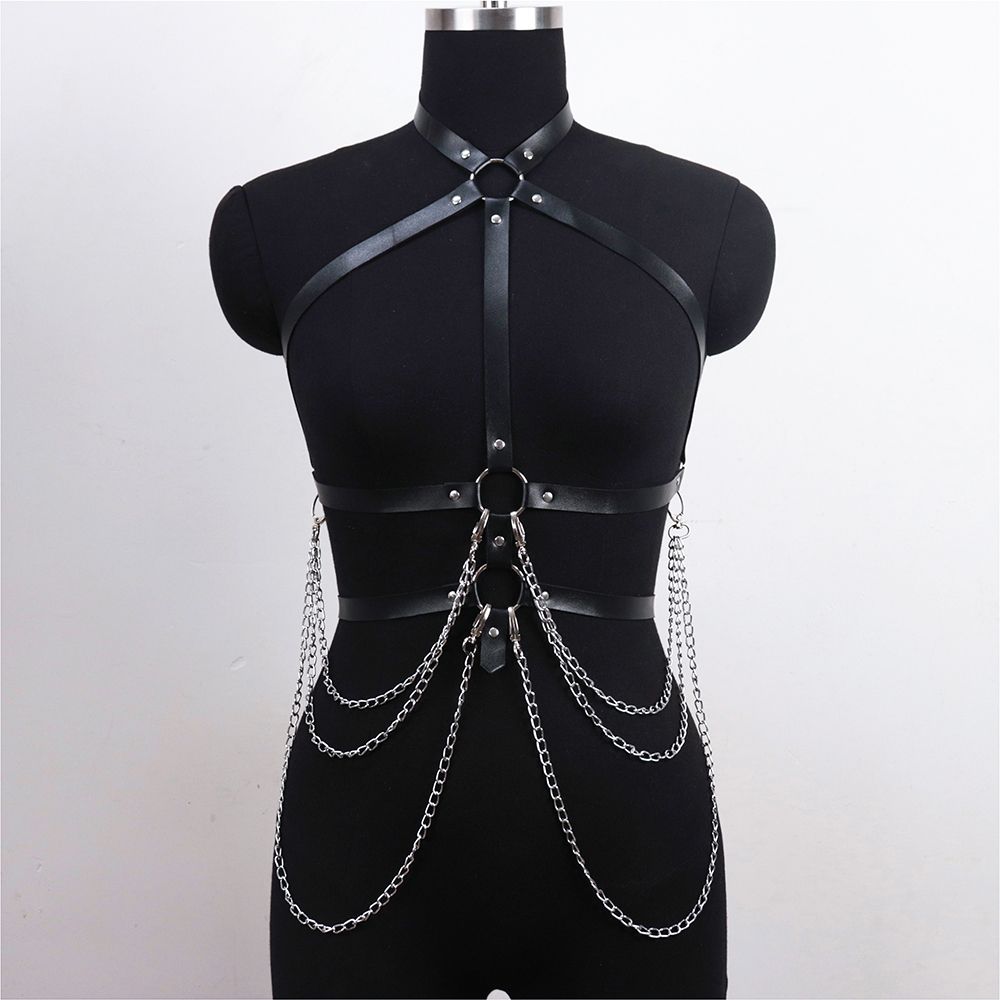 Leder Metall Körperkette Bralette Top Käfig Körpergeschirr Punk Gothic Strumpfband Gurt Verstellbar Fetisch Festival Tanz Rave Exotische Bondage Ausrüstung_voghion.com