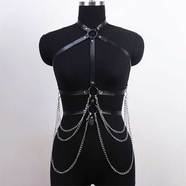 Leder Metall Körperkette Bralette Top Käfig Körpergeschirr Punk Gothic Strumpfband Gurt Verstellbar Fetisch Festival Tanz Rave Exotische Bondage Ausrüstung_voghion.com