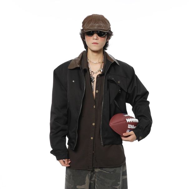 Amerikanische Retro-Motorradjacke mit kurzem Kragen für Herren, neuer Frühlings- und Herbststil, Streetstyle, coole, lockere und lässige Oberbekleidung._voghion.com