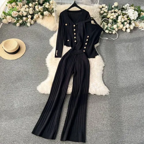 Women's Clothing Metal Buckle Vest Versatile Knitted Cardigan Wide Leg Pants Fashion Three Piece Set_voghion.com