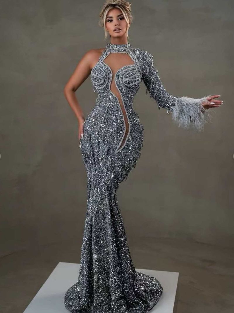 Damenbekleidung Sexy Pailletten Bankettkleid Hüftgewickeltes Schleppendes Abendkleid_voghion.com