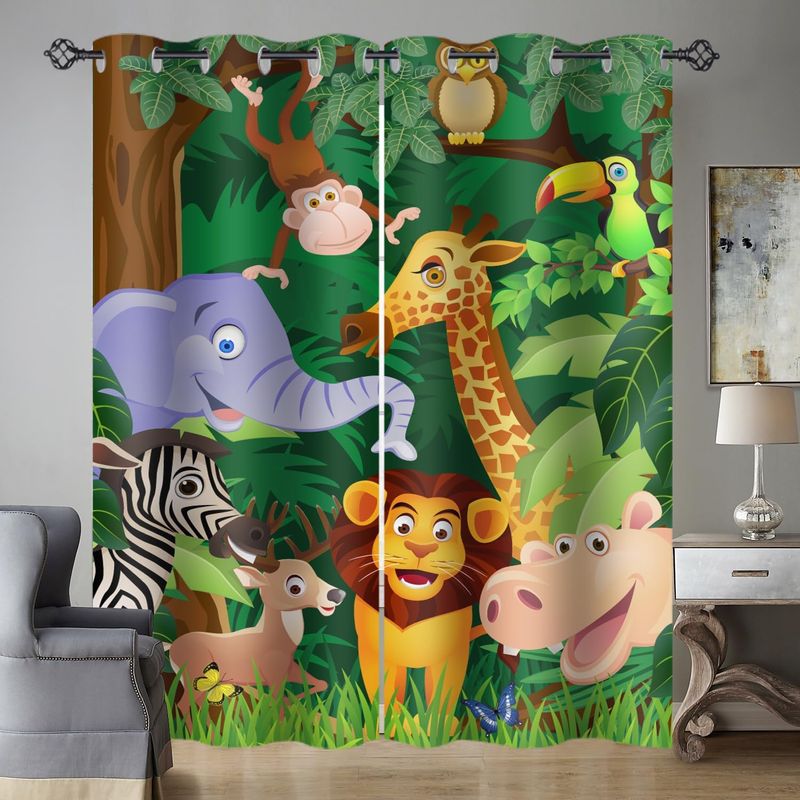 3D Zoo Blackout Curtains Set Of 2 - Jungle Print With Lion & Elephant, Thermal Insulated Kids Drapes With Metal Eyelets, Dark Green_voghion.com