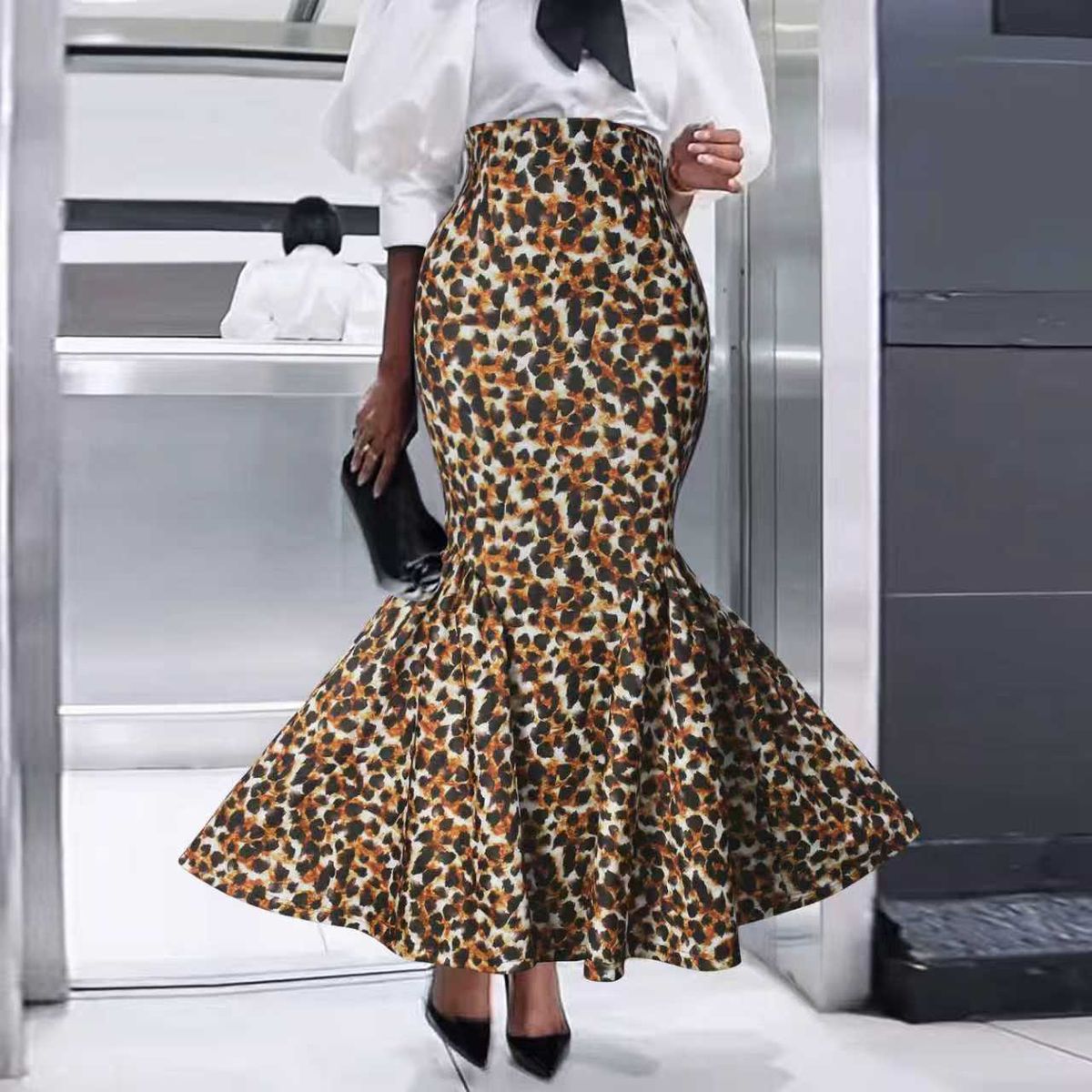 Women's Leopard Print Fishtail Midi Skirt – Stretchy Polyester Wrap Skirt With Elastic Waist For Casual & Night Out (S-XXL)_voghion.com