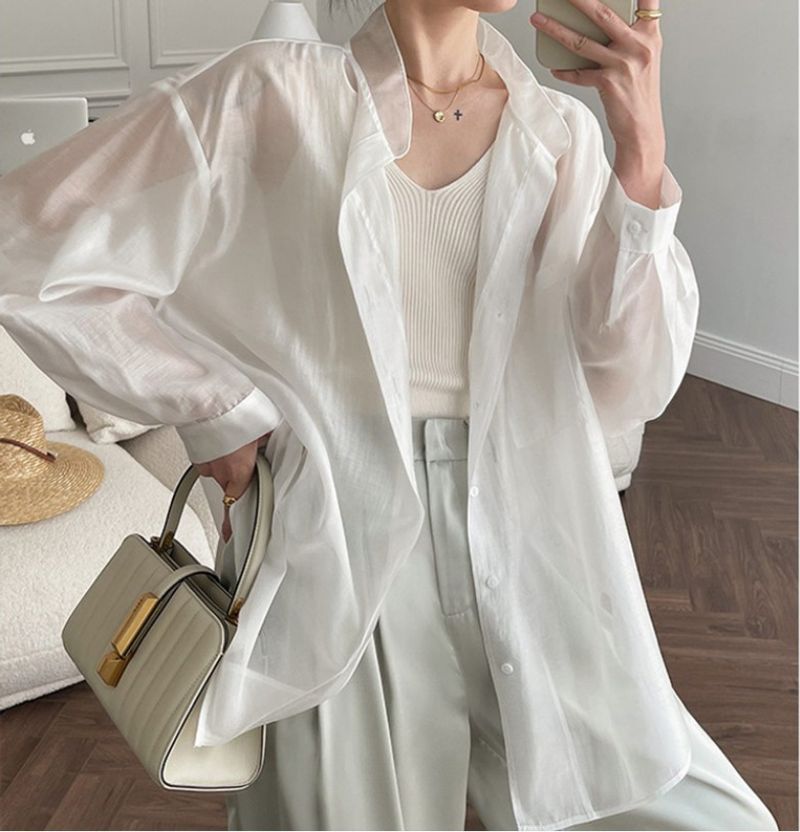 2024 Tencel Clouds Doux Printemps Été Mince Transparent Manteau Crème Solaire Ample Chemise Haut_voghion.com