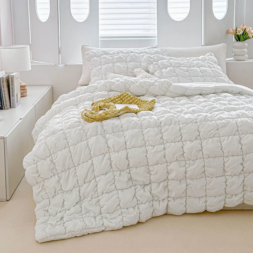 Quilted Comforter Set 3 Pieces Padded Warm Bedding Embossed Design_voghion.com
