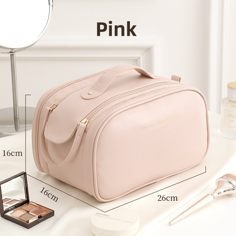 Borsa per il trucco di grande capacità - Organizer da viaggio per articoli da toeletta (borsa cosmetica impermeabile, elegante e portatile, nero/beige/oro rosa)_voghion.com