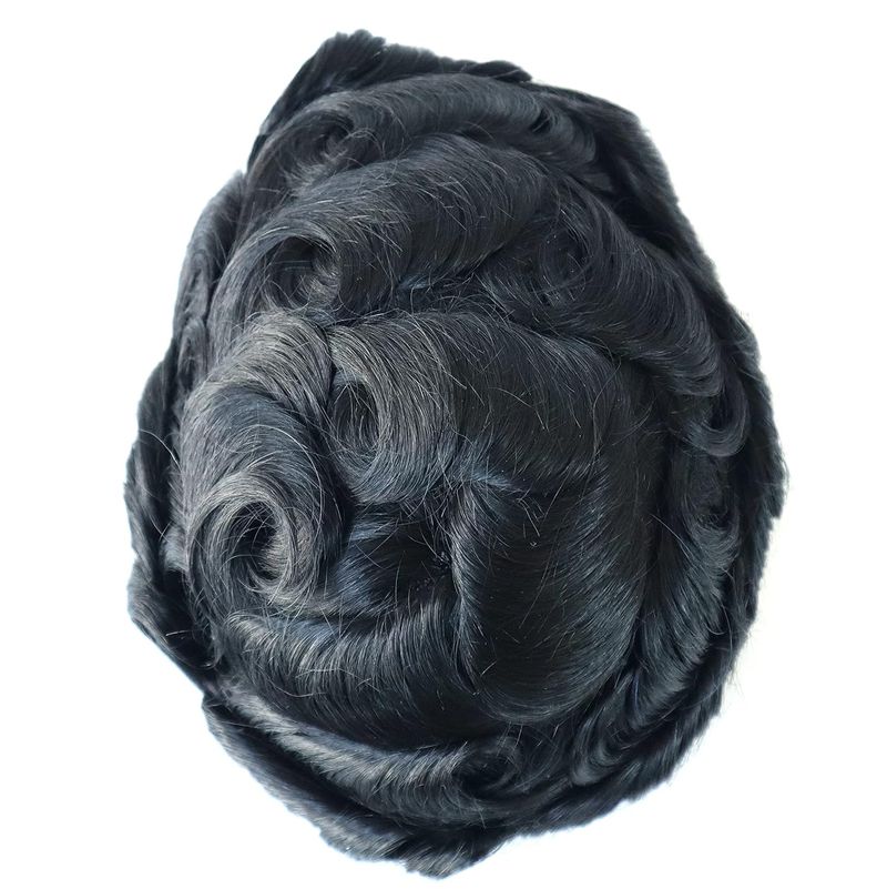Durable Skin Knotted Toupee For Men 100% Human Hair Replacement System 0.12-0.14mm PU Base Hair Pieces Natural Hairline Real Wigs #1 Jet Black Color_voghion.com