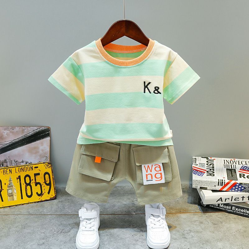 2024 Summer New Children's Boys Stripe Contrast Short Sleeve Two Piece Shorts Set_voghion.com