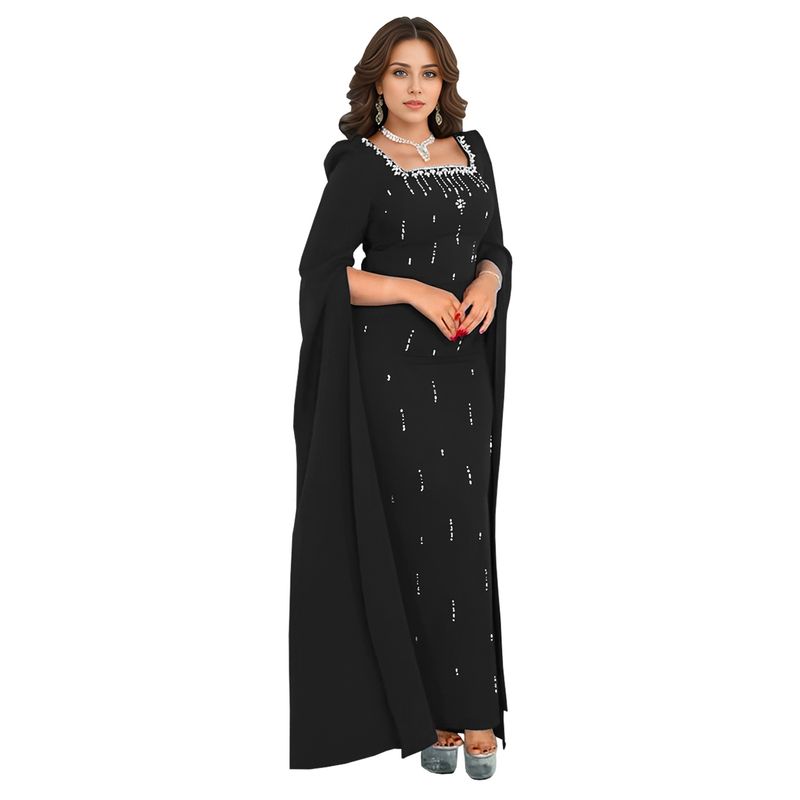 Fashion Women's Clothing Back Slit Cape Sleeve Hot Diamond Elegant Dress_voghion.com