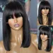 Parrucche di capelli umani marroni con frangia Bob Blunt Silk Base Closure Lace Wig per donne 14 pollici 200 Densità_voghion.com