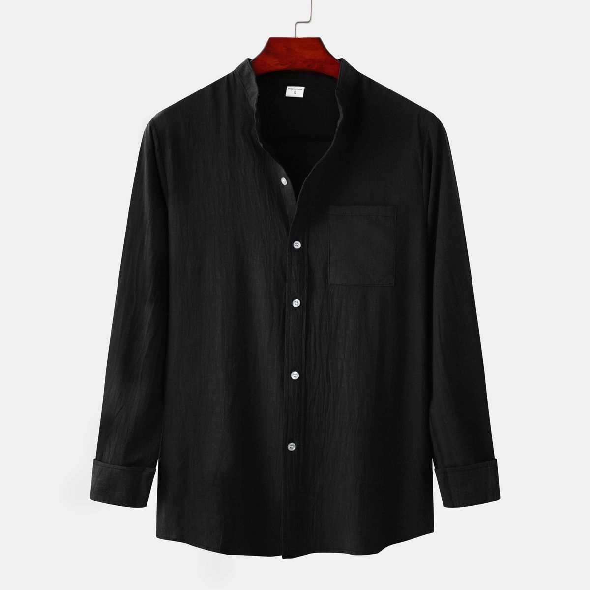 Camicia da uomo ampia a maniche lunghe in cardigan con colletto alla coreana in lino tinta unita_voghion.com