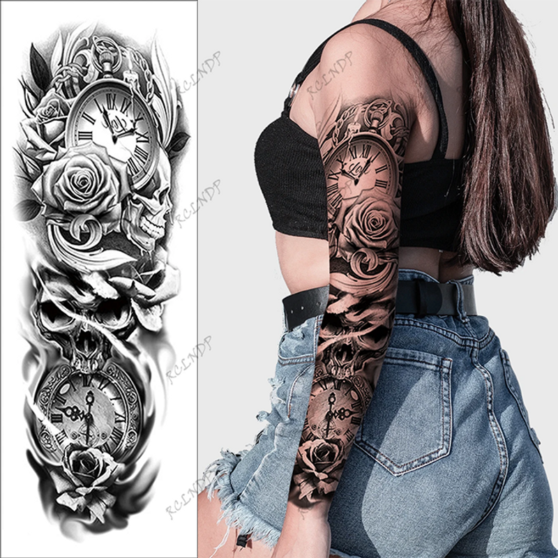 Waterproof Temporary Tattoo Sticker Rose Skull Head Clock Fake Tatto Flash Tatoo arm Tato for Girl Women_voghion.com