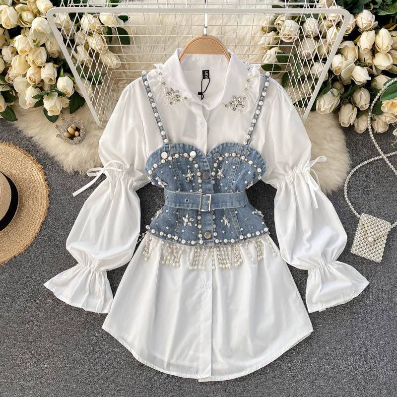 Women's fashion puffy sleeve shirt top fringe pearl halter vest two-piece set_voghion.com