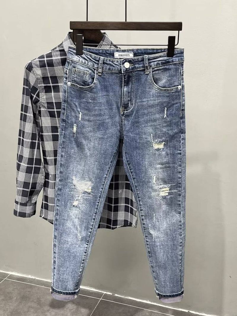 Men's Clothing Light blue jeans men's new spring and autumn ink-splashed slim-fitting slim-fitting all-match stretch nine-point pants_voghion.com