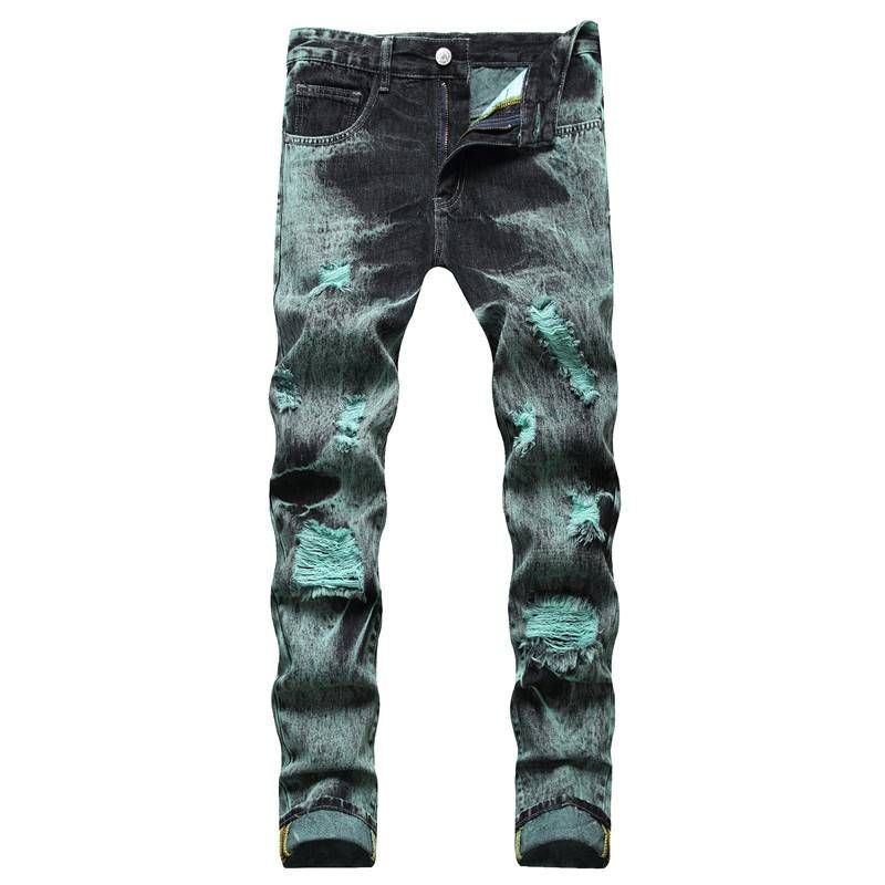 Calça Jeans Mãe e Filho Tamanho Grande Tie Dye Verde e Preto Tubo Reto Rasgado Moda de Rua Casual Quatro Estações Spot_voghion.com