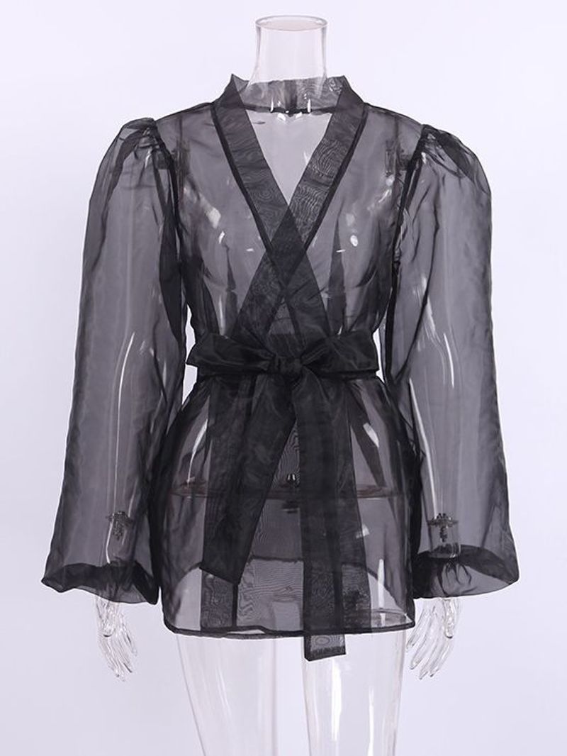 Women's Clothing Fashion Sexy See-through Jumpsuit Puff Sleeve Ladies Shirt_voghion.com