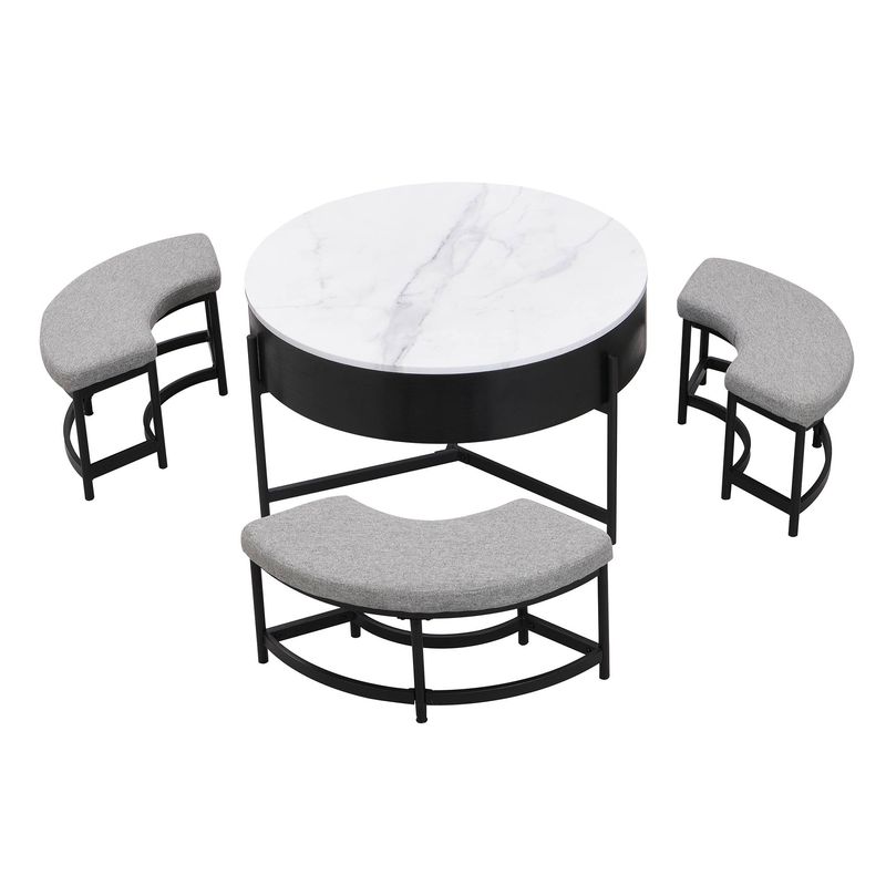 Modern Round Lift-Top Coffee Table With Hidden Storage & 3 Matching Ottomans, White & Black MDF Tabletop With Metal Base, Multi-Functional_voghion.com
