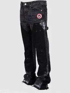 Men's Distressed Patchwork Flare Jeans - Stretch Denim Workwear Pants With Artisan Detailing, Wide-Leg Streetwear