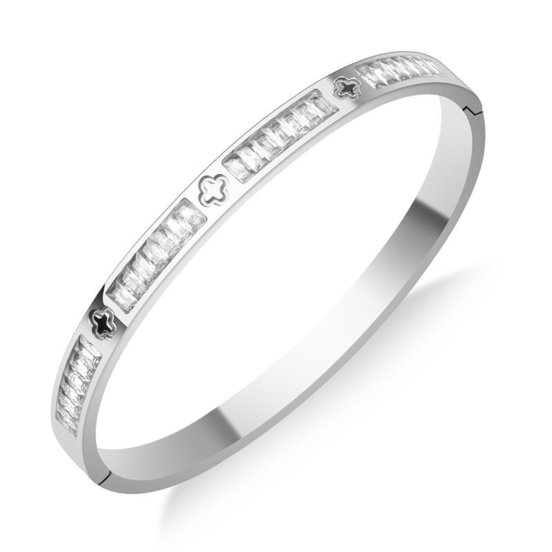 Bracciale in acciaio al titanio con fibbia in acciaio inossidabile alla moda con strass, semplice e versatile, con quadrifoglio quadrato e strass._voghion.com
