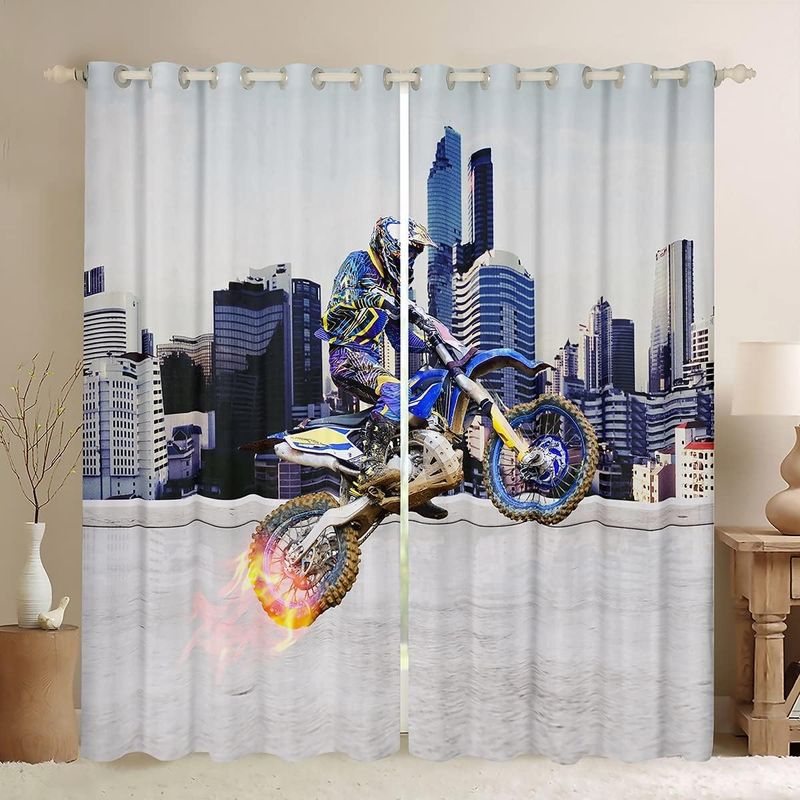 Boys Motocross Rider Window Treatments Extreme Sports Theme Curtain Teens Decor Motorcycle Pattern Window Drapes Motorbike Cool Blue Window Curtain_voghion.com