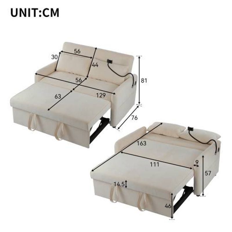 Modernes Doppel-Klappsofa, Multifunktionssofa mit Schlaffunktion, verstellbarer Rückenlehne, Handyhalterung_voghion.com
