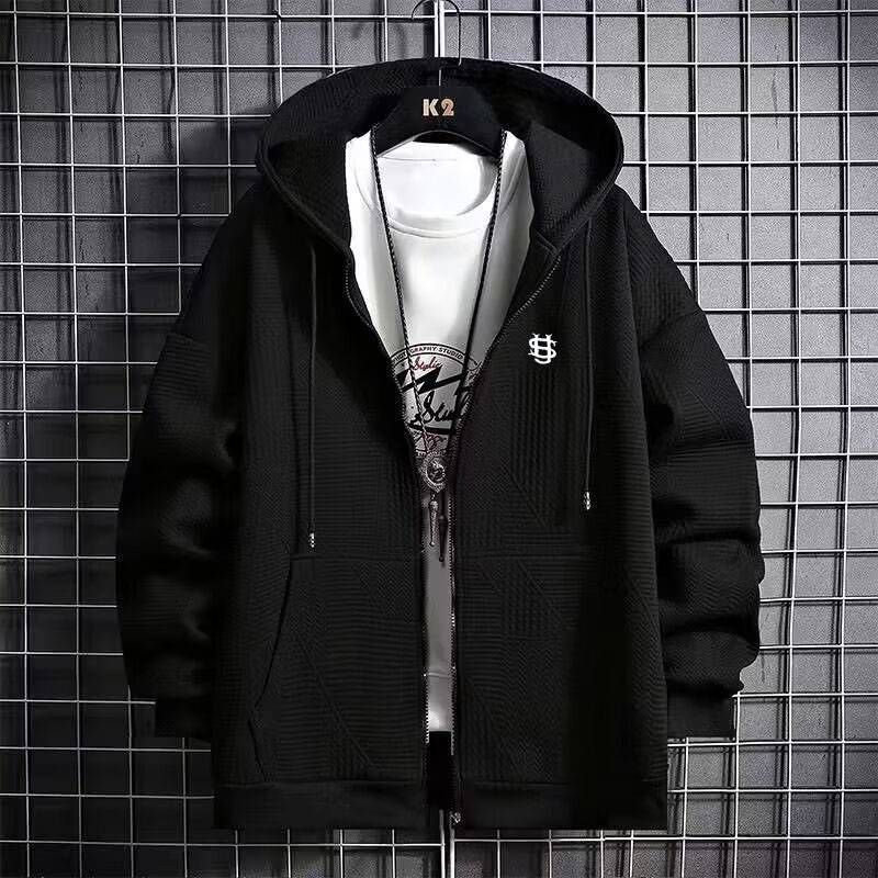 Men's Textured Hooded Sweatshirt - Trendy Letter Print Casual Jacket, Streetwear-Inspired Pullover With Unique Fabric Finish_voghion.com