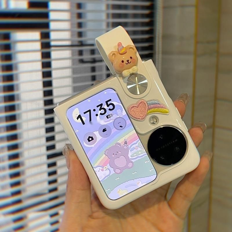 Custodia protettiva a flip per telefono cellulare Oppo Find N3 con cinturino da polso e orso arcobaleno bianco dipinto N2_voghion.com