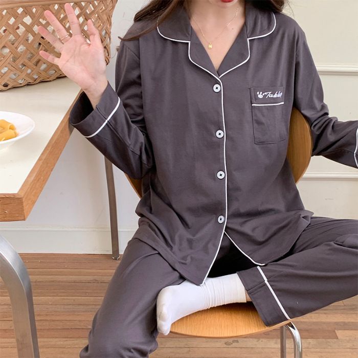 2024 Frühjahr Neue Pyjamas frauen Strickjacke Flip Kragen Langarm Casual Einfache Hause Kleidung Set Gestrickte 6535 Baumwolle_voghion.com