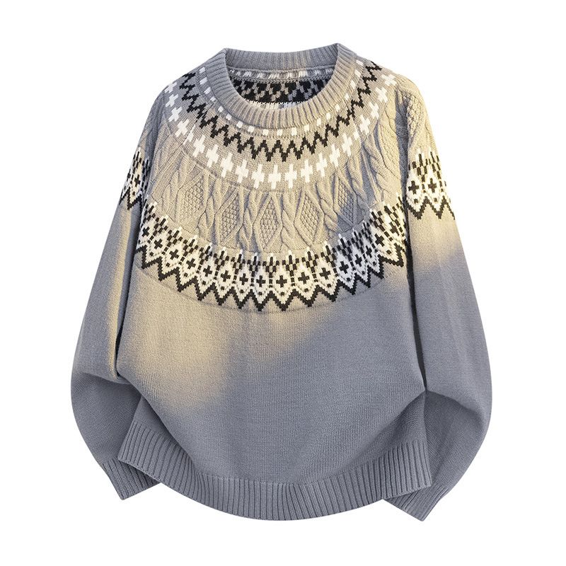 Unisex Vintage Knit Sweater – Oversized Crewneck Pullover With Retro Geometric Pattern (M-3XL, 3 Neutral Tones)_voghion.com