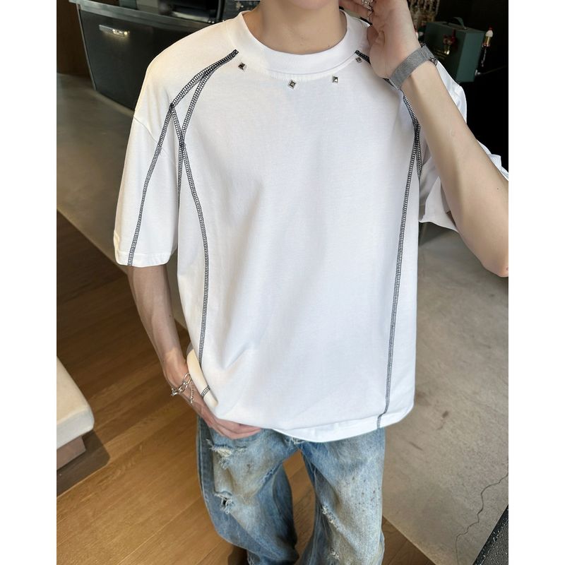 Heren wit deconstructed patchwork gestreept T-shirt zomerontwerp niche rechte schouders korte mouwen High Street Five Point halve mouwen_voghion.com