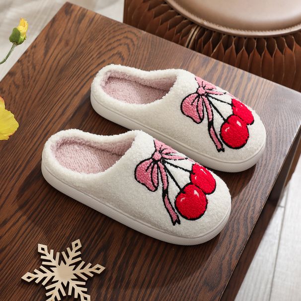Women's Cozy Fluffy Slippers With Bow And Cherry Print, Non-Slip Indoor House Shoes, Warm Winter Fuzzy Slides For Home Comfort Winter Plush Slippers_voghion.com