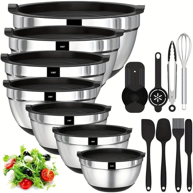 20 Mixing Bowls With Sealed Lids, 304 Stainless Steel Metal Set Bowls, Anti Slip Colored Silicone Bottom, Sizes 7, 3.5, 2.5, 2.0, 1.5, 1, 0.67QT, Perfect For Mixing, Baking, And Service_voghion.com