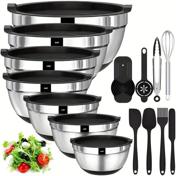20 Mixing Bowls With Sealed Lids, 304 Stainless Steel Metal Set Bowls, Anti Slip Colored Silicone Bottom, Sizes 7, 3.5, 2.5, 2.0, 1.5, 1, 0.67QT, Perfect For Mixing, Baking, And Service_voghion.com