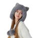 Cappello invernale da donna in filato lavorato a maglia con pompon intrecciato e colletto in pelliccia spessa_voghion.com