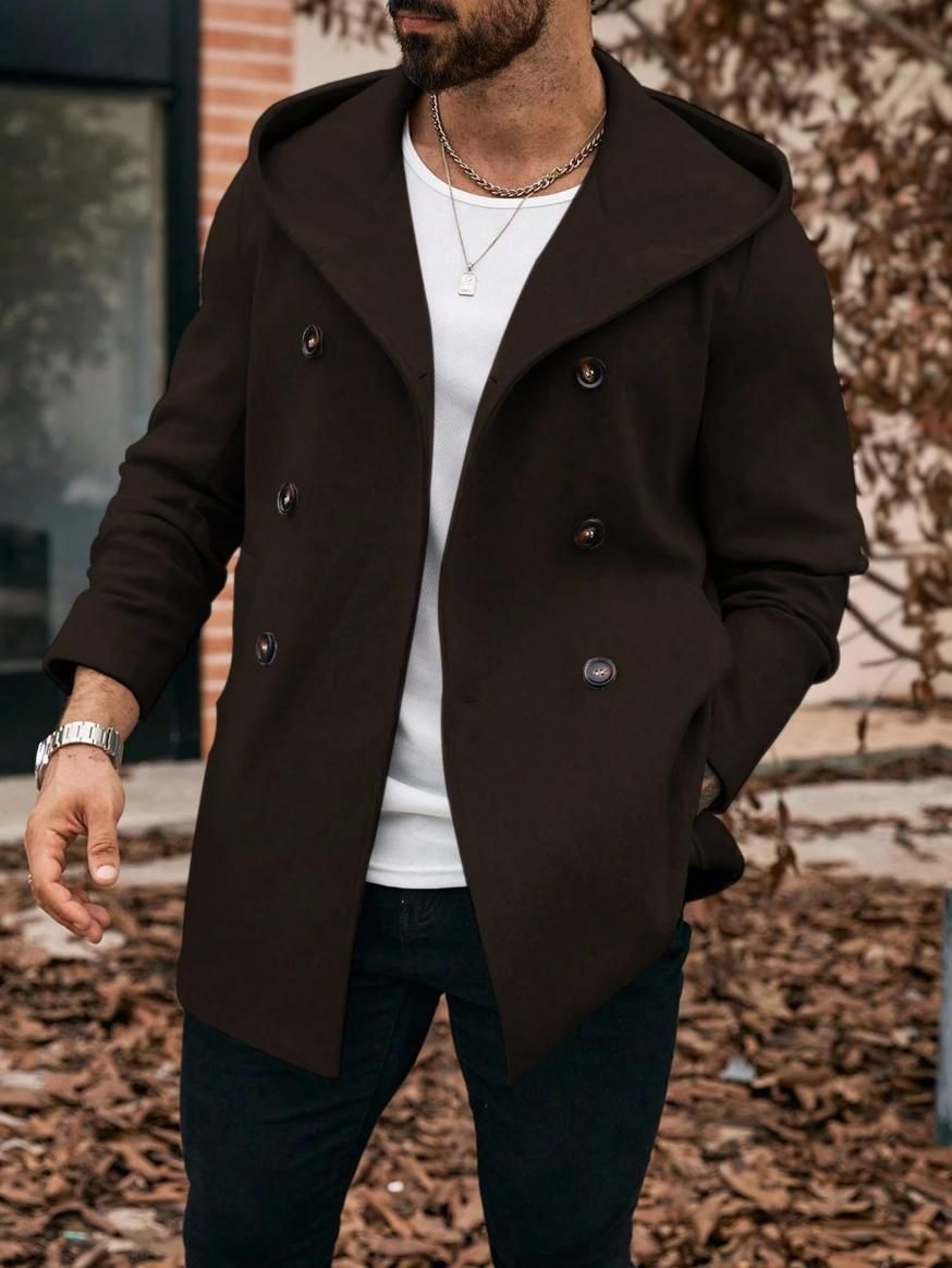 Langer Trenchcoat mit Kapuze für Herren, zweireihig, lässiger Mantel, winddicht, Polyester-Mischgewebe, Oberbekleidung für Herbst und Winter, für Streetwear und Pendeln_voghion.com