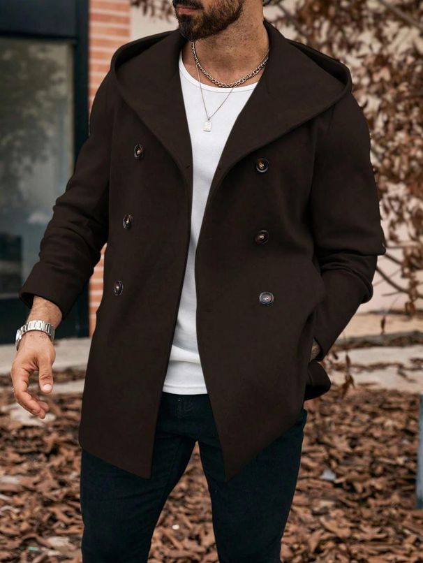 Langer Trenchcoat mit Kapuze für Herren, zweireihig, lässiger Mantel, winddicht, Polyester-Mischgewebe, Oberbekleidung für Herbst und Winter, für Streetwear und Pendeln_voghion.com