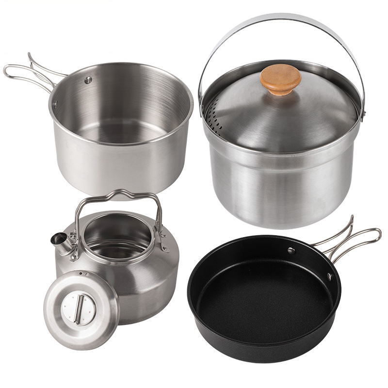 Set de 4 vase de gătit pentru camping - oală și ceaun din oțel inoxidabil pentru gătit în aer liber, set de gătit portabil pentru drumeții și excursii cu mașina_voghion.com