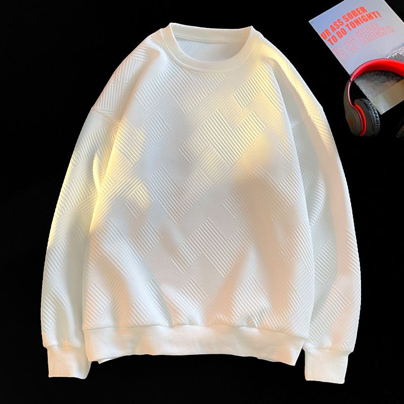 Trendy mærke til mænd, løs afslappet, langærmet sweatshirt i vaffelstil, afslappet og alsidig sweatshirt med rund hals_voghion.com