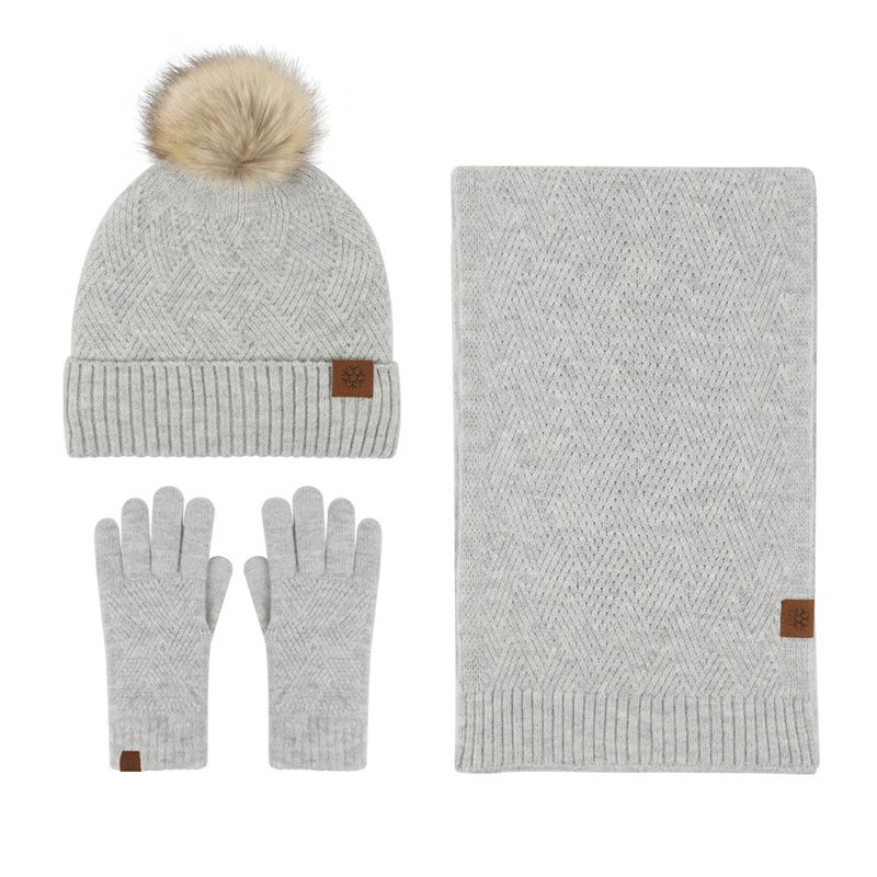 Selected Classic Winter Couple Wool Warm Hat Scarf and Glove Three Piece Set Outdoor Windproof Adult Men's and Women's Wool Ball Design Knitted Hat_voghion.com