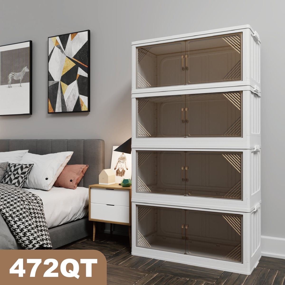 472QT 4-Pack 31.5'' Wide Transparent Plastic Storage Cabinets For Closet Organizers And Storage, Folding Storage Box, Stackable Storage Bins With Open Front Door_voghion.com