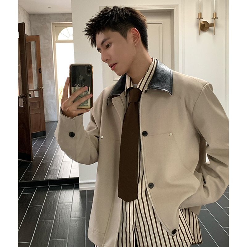 Retro collar color blocked loose casual jacket for men's spring and autumn new versatile workwear jacket top_voghion.com