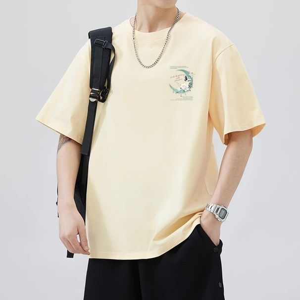 T-shirt da uomo a maniche corte, versatile, estiva, alla moda, ampia e versatile, in 100% cotone Xinjiang, con stampa bianca_voghion.com