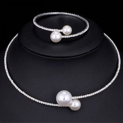 Collana con colletto di perle di strass scintillanti alla moda con bracciale con apertura regolabile, accessori da sposa, cinese_voghion.com